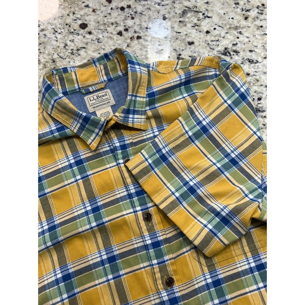 LL Bean Mens Traditional Fit Plaid Short Sleeve Button Down Shirt Yellow M